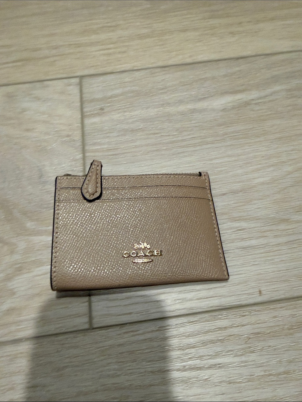 Coach Taupe Pebbled Leather Card Case with Gold Logo